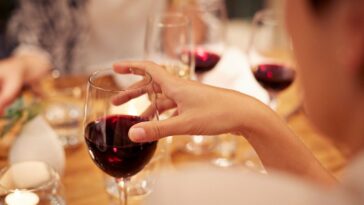 Close-up of female holding glass with red wine.