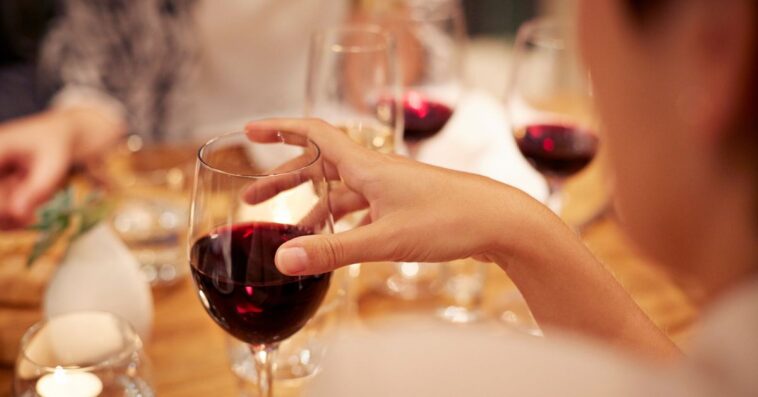 Close-up of female holding glass with red wine.
