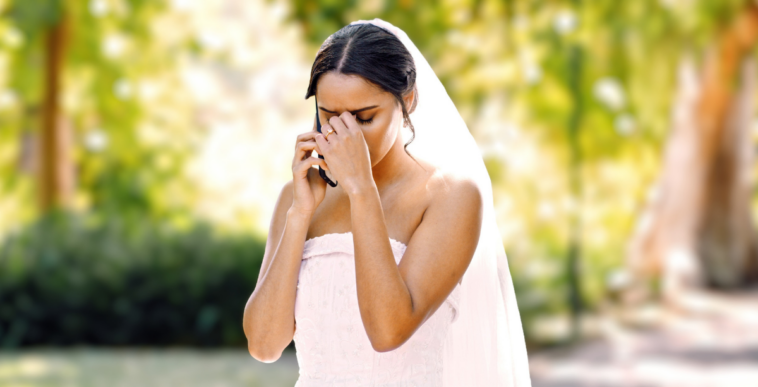 crying bride speaking on phone