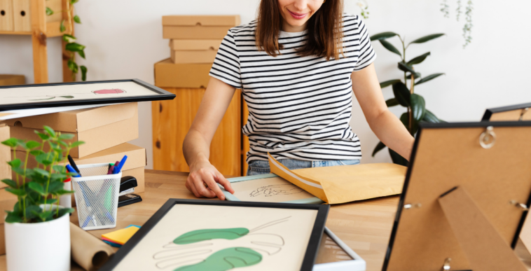 woman framing artwork