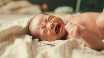 A baby lying on a bed an crying.