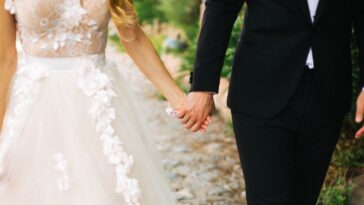 Bride and groom walking on their path.