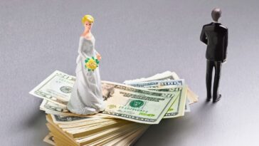 bride figurine on money with groom figurine turned away